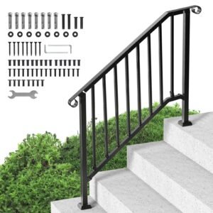 handrails for outdoor steps, 3 4 step stair hand rail kit, transitional iron railings with installation kit, stair rails for seniors, concrete steps & porch & deck, black retro arch