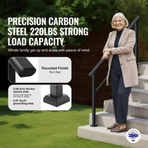 handrails for outdoor steps, 4 5 step stair hand rail kit, transitional carbon steel railings with installation kit, stair rails for seniors, concrete steps & porch & deck, black square tube