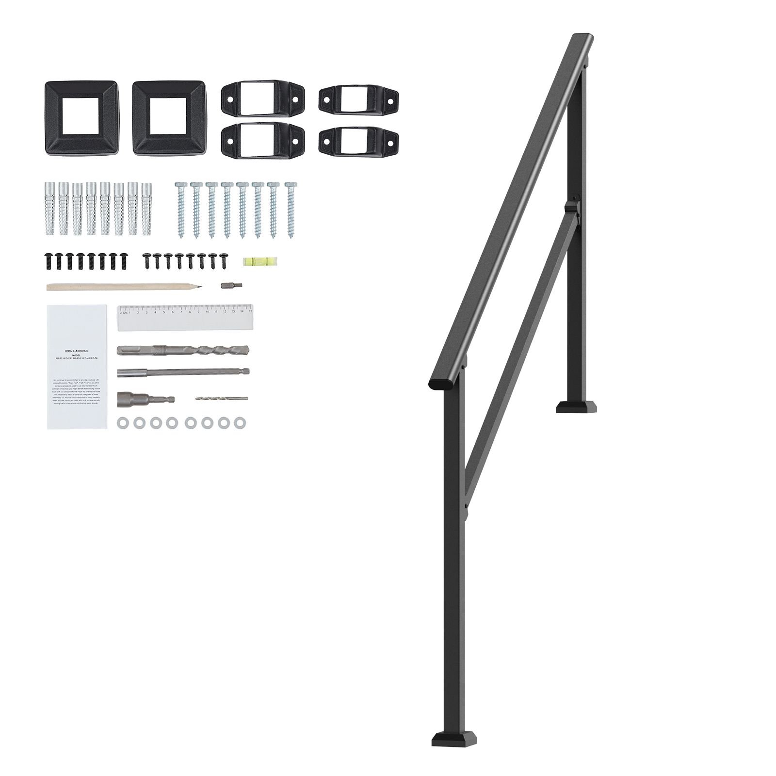 handrails for outdoor steps, 4 5 step stair hand rail kit, transitional carbon steel railings with installation kit, stair rails for seniors, concrete steps & porch & deck, black square tube