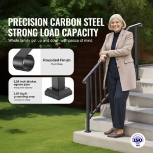 handrails for outdoor steps, 5 step stair hand rail kit, transitional carbon steel railings with installation kit, stair rails for seniors, concrete steps & porch & deck, black retro arch