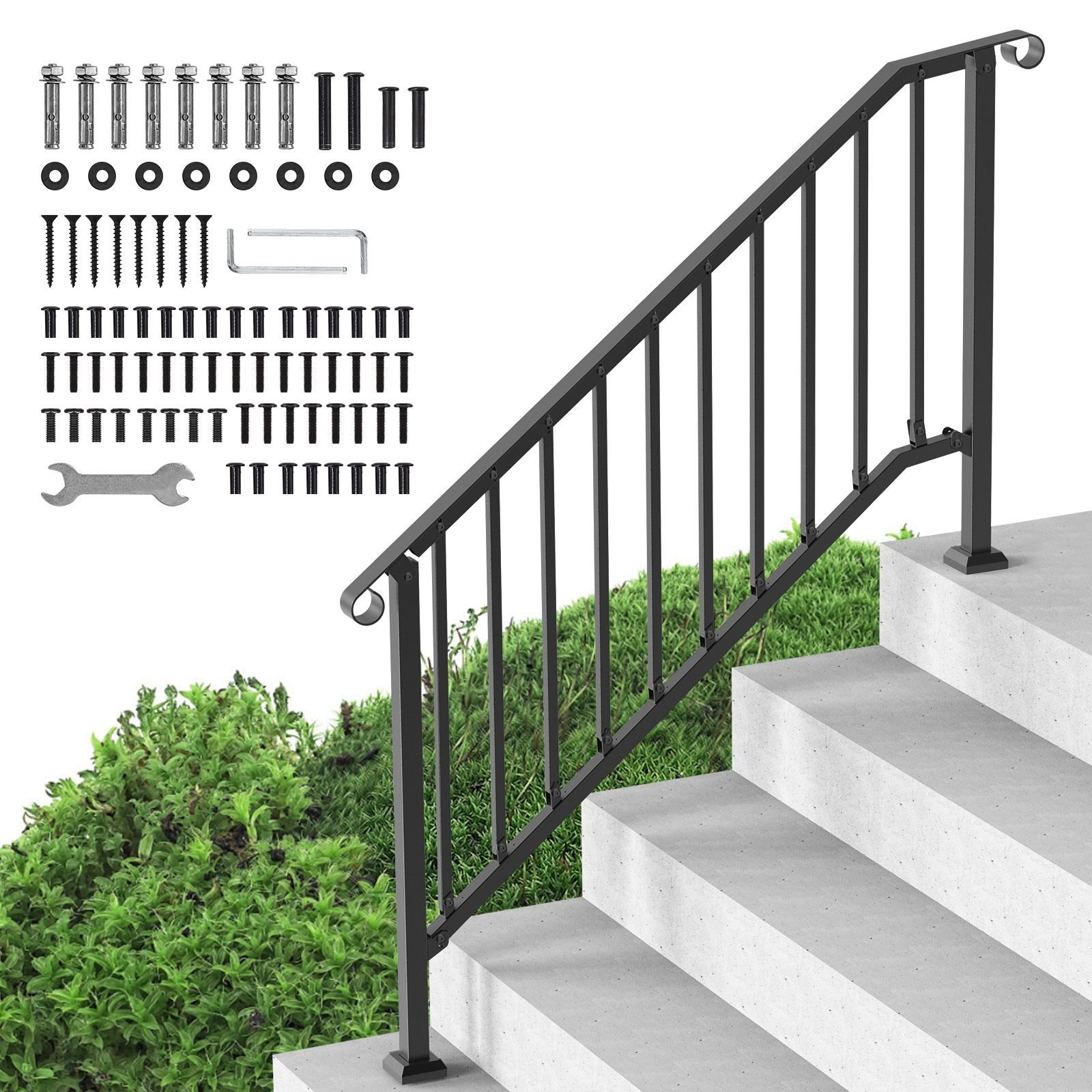 handrails for outdoor steps, 5 step stair hand rail kit, transitional carbon steel railings with installation kit, stair rails for seniors, concrete steps & porch & deck, black retro arch