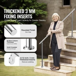 handrails for outdoor steps, 70.9 in/ 180cm length stair hand rail kit, transitional stainless steel railings with installation kit, double column staircase handrails for seniors,porch & deck