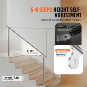 handrails for outdoor steps, 70.9 in/ 180cm length stair hand rail kit, transitional stainless steel railings with installation kit, double column staircase handrails for seniors,porch & deck