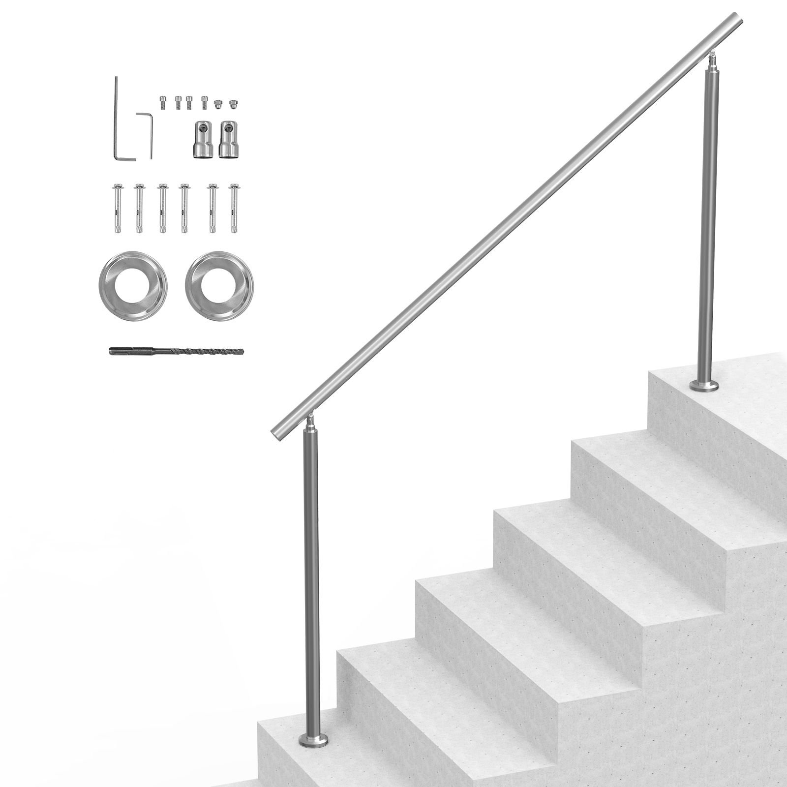 handrails for outdoor steps, 70.9 in/ 180cm length stair hand rail kit, transitional stainless steel railings with installation kit, double column staircase handrails for seniors,porch & deck