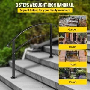handrails for outdoor steps, fit 1 or 3 steps outdoor stair railing, black wrought iron handrail, flexible front porch hand rail, transitional handrails for concrete steps or wooden stairs