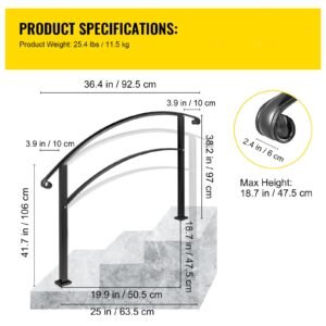 handrails for outdoor steps, fit 1 or 3 steps outdoor stair railing, black wrought iron handrail, flexible front porch hand rail, transitional handrails for concrete steps or wooden stairs