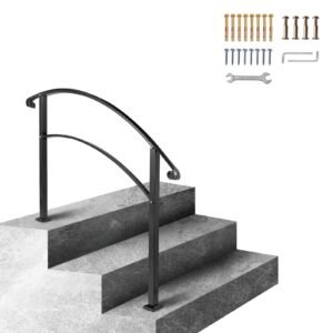 handrails for outdoor steps, fit 1 or 3 steps outdoor stair railing, black wrought iron handrail, flexible front porch hand rail, transitional handrails for concrete steps or wooden stairs