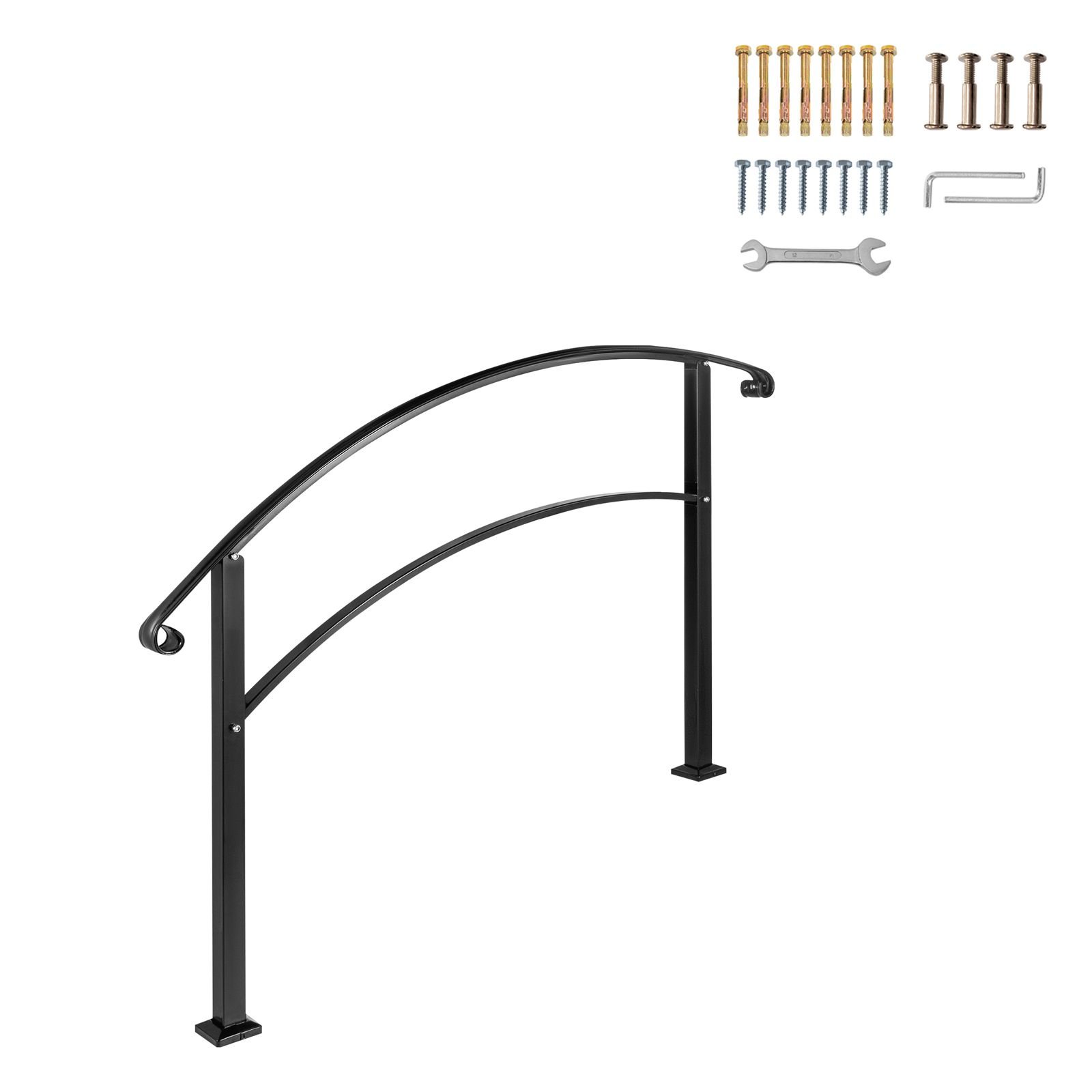 handrails for outdoor steps, fit 1 or 3 steps outdoor stair railing, black wrought iron handrail, flexible front porch hand rail, transitional handrails for concrete steps or wooden stairs