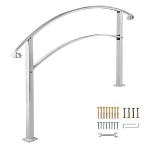 Handrails for Outdoor Steps, Fit 1 or 3 Steps Outdoor Stair Railing, White Wrought Iron Handrail, Flexible Front Porch Hand Rail, Transitional Handrails for Concrete Steps or Wooden Stairs