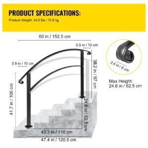 handrails for outdoor steps, fit 1 or 5 steps outdoor stair railing, black wrought iron handrail, flexible front porch hand rail, transitional handrails for concrete steps or wooden stairs