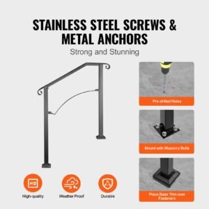 handrails for outdoor steps, fit 2 or 3 steps outdoor stair railing, arch#2 wrought iron handrail, flexible porch railing, black transitional handrails for concrete steps or wooden stairs