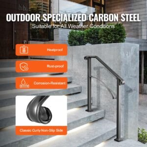handrails for outdoor steps, fit 2 or 3 steps outdoor stair railing, arch#2 wrought iron handrail, flexible porch railing, black transitional handrails for concrete steps or wooden stairs