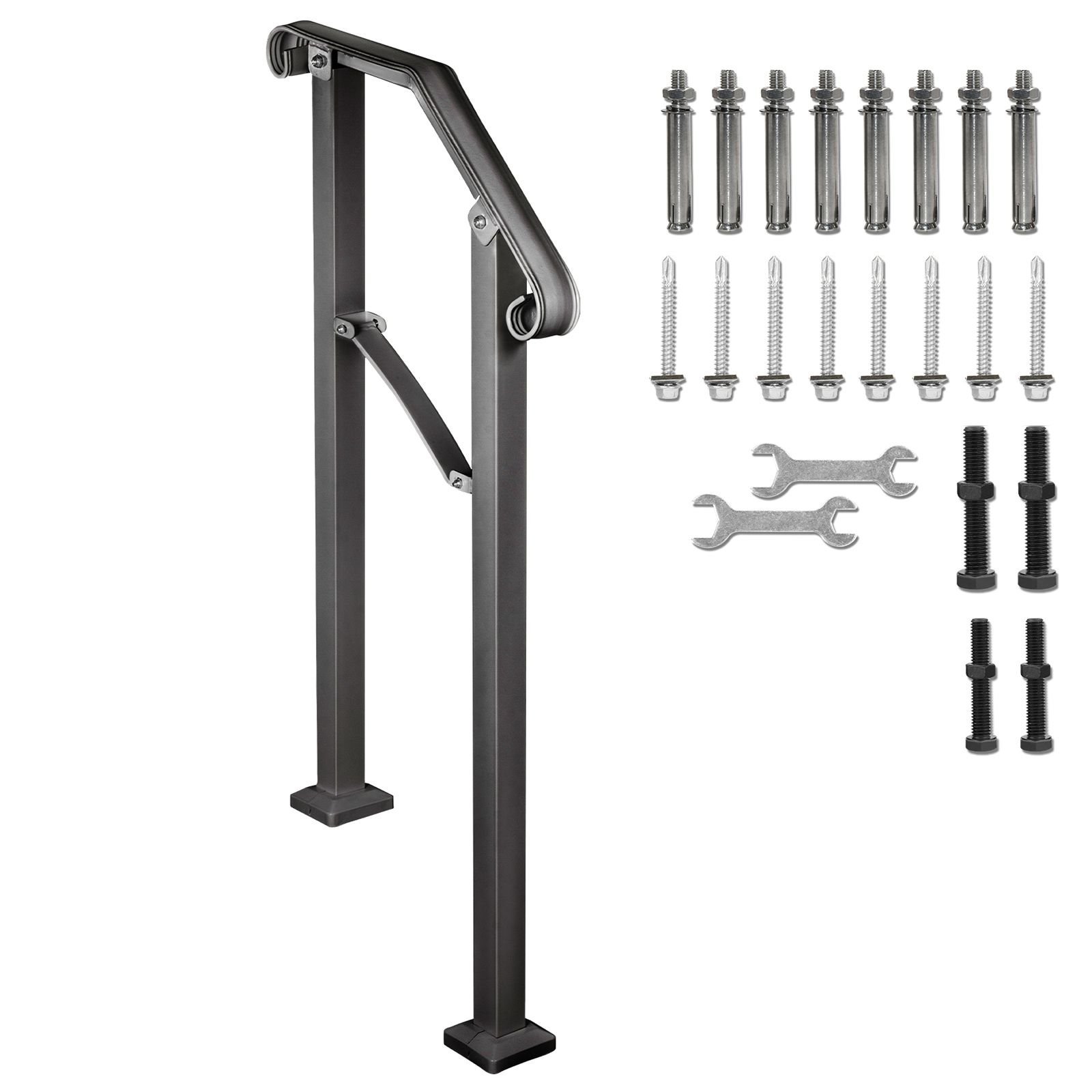 handrails for outdoor steps, fit 2 or 3 steps outdoor stair railing, arch#2 wrought iron handrail, flexible porch railing, black transitional handrails for concrete steps or wooden stairs