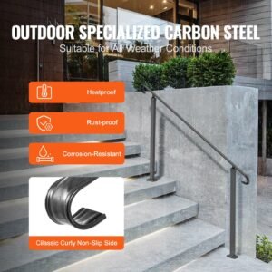 handrails for outdoor steps, fit 3 5 steps outdoor stair railing, wrought iron handrail, flexible front porch hand rail, black transitional hand railings for concrete steps or wooden stairs