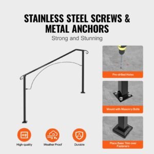 handrails for outdoor steps, fit 3 or 4 steps outdoor stair railing, arch#3 wrought iron handrail, flexible porch railing, black transitional handrails for concrete steps or wooden stairs