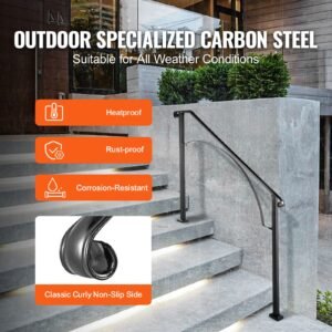 handrails for outdoor steps, fit 3 or 4 steps outdoor stair railing, arch#3 wrought iron handrail, flexible porch railing, black transitional handrails for concrete steps or wooden stairs