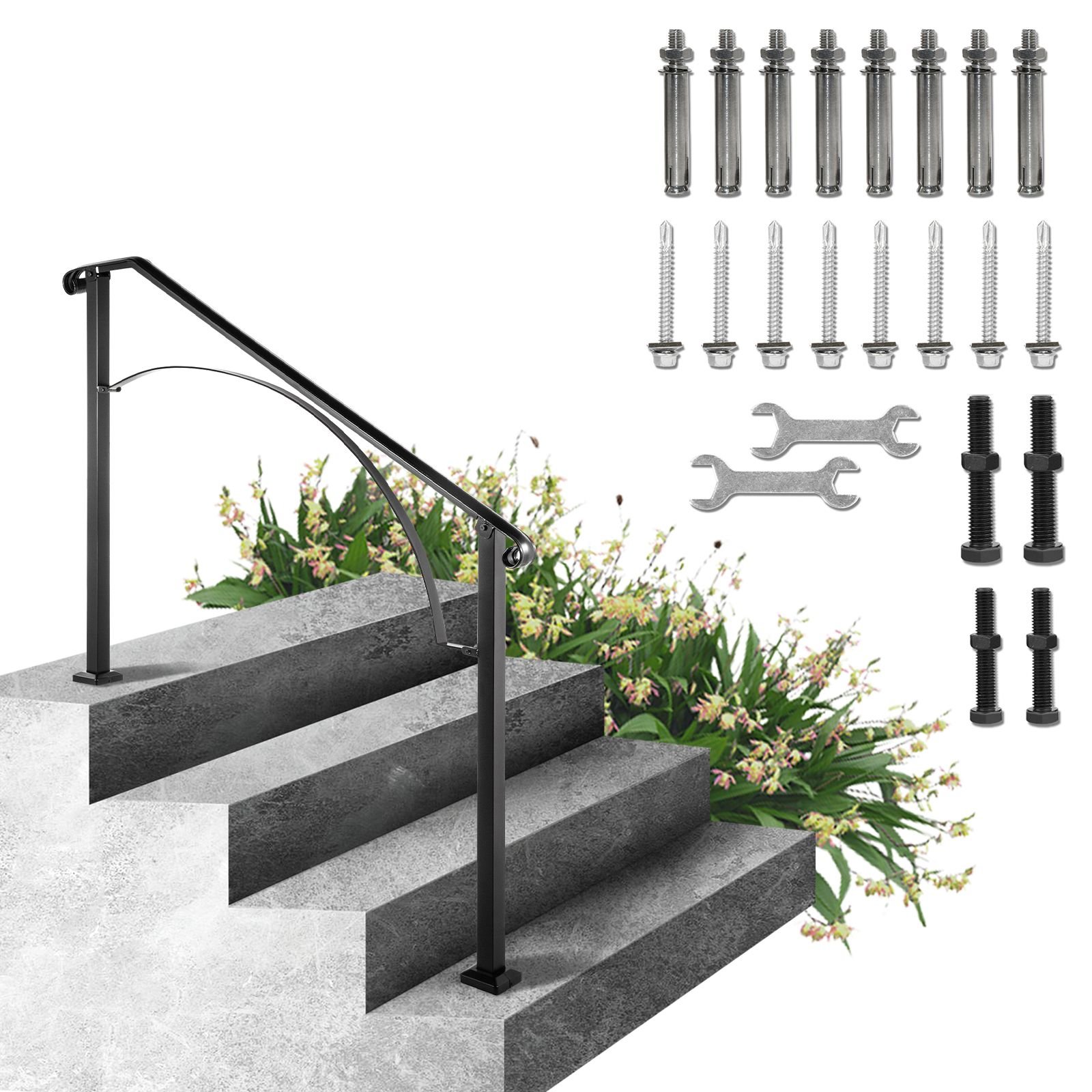 handrails for outdoor steps, fit 3 or 4 steps outdoor stair railing, arch#3 wrought iron handrail, flexible porch railing, black transitional handrails for concrete steps or wooden stairs