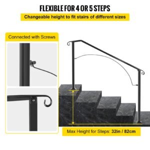 handrails for outdoor steps, fit 4 or 5 steps outdoor stair railing, arch#4 wrought iron handrail, flexible porch railing, black transitional handrails for concrete steps or wooden stairs
