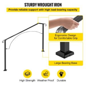 handrails for outdoor steps, fit 4 or 5 steps outdoor stair railing, arch#4 wrought iron handrail, flexible porch railing, black transitional handrails for concrete steps or wooden stairs