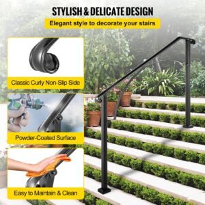 handrails for outdoor steps, fit 4 or 5 steps outdoor stair railing, arch#4 wrought iron handrail, flexible porch railing, black transitional handrails for concrete steps or wooden stairs
