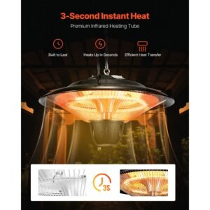 hanging patio heater, 1500w electric space infrared heater, ip34 protection with 23.6 inch pull cord & adjustable chain, for porch,patio,dining room,studio outdoor/indoor