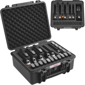 hard pistol cases with pre cut lining, waterproof & dustproof hard gun case for 6 pistol, 19.3×17.1×8.3 in lockable pistol case, black