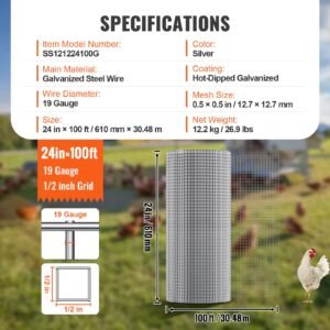 hardware cloth, 1/2 inch 24in x 100 ft 19 gauge, hot dipped galvanized wire mesh roll, chicken wire fencing, wire mesh for rabbit cages, garden, small rodents