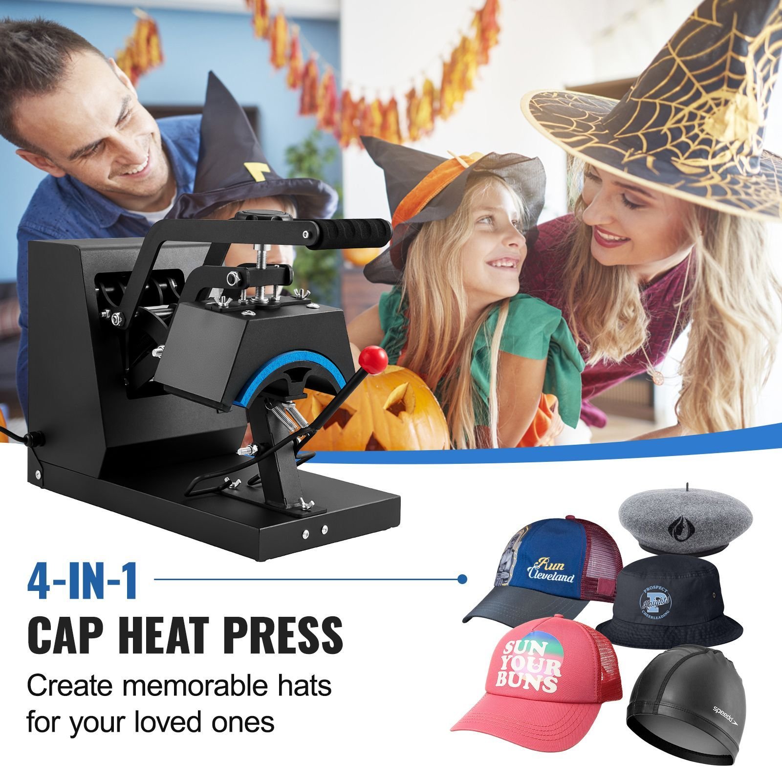 hat heat press, 4 in 1 cap heat press machine, 6x3inches clamshell sublimation transfer, lcd digital timer temperature control with 4pcs curved heating elements (6x3/6.7x2.7/6.7x2.7/8.1x3.5)