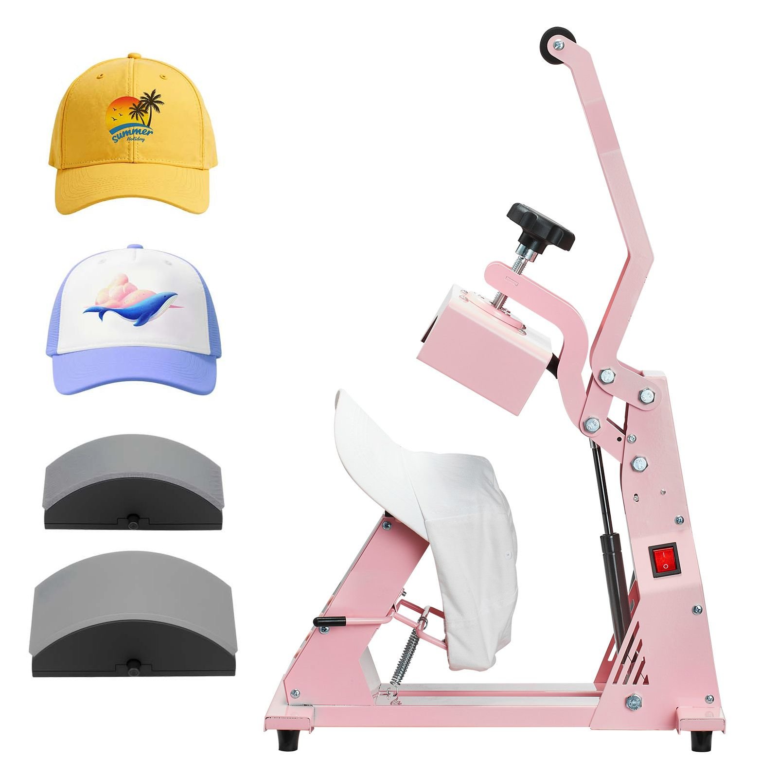 hat heat press machine, with 2pcs interchangeable platens, precise temperature and time control, hat press for htv iron on and sublimation projects, for caps, headbands, cuffs, face masks, pink
