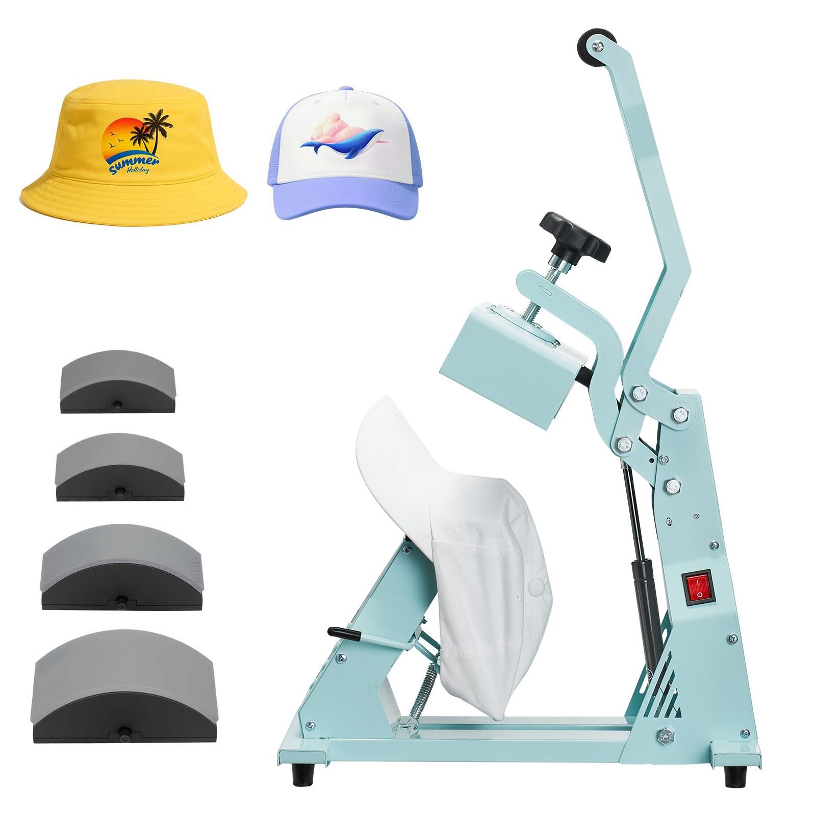 hat heat press machine, with 4pcs interchangeable platens, precise temperature and time control, hat press for htv iron on and sublimation projects, for caps, headbands, cuffs, face masks, green