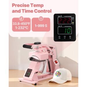 hat heat press machine, with 4pcs interchangeable platens, precise temperature and time control, hat press for htv iron on and sublimation projects, for caps, headbands, cuffs, face masks, pink