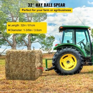 Hay Spear 32" Bale Spear 1350 lbs Capacity, Bale Spike Quick Attach Square Hay Bale Spears 1.4" Wide, Red Coated Bale Forks, Bale Hay Spike with Hex Nut & Sleeve for Buckets Tractors Loaders