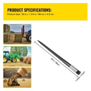hay spear 39" bale spear 3600 lbs capacity, bale spike quick attach square hay bale spears 1 3/4", black coated bale forks, bale hay spike with hex nut and sleeve for buckets tractors loaders