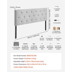 headboard, full size headboard with adjustable height, comfortable diamond tufted for full size bed, w 56.3 x h(35.6 47.4)inches, ideal for bedroom, hotel, homestay, dormitory, light grey
