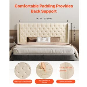 headboard, king size headboard with adjustable height, comfortable diamond tufted for king size bed, w84.1 x h (54.33 60.24) x d 8.27 in, ideal for bedroom, hotel, homestay, dormitory, cream