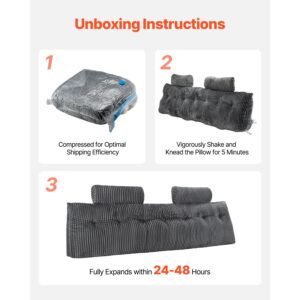 headboard pillow, king size wedge headboard pillow with 2 side pockets and 2 headrests, bed wedge pillow with washable flannel cloth, for reading, gaming, resting, working in bed, grey
