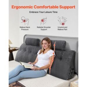 headboard pillow, king size wedge headboard pillow with 2 side pockets and 2 headrests, bed wedge pillow with washable flannel cloth, for reading, gaming, resting, working in bed, grey