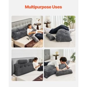 headboard pillow, king size wedge headboard pillow with 2 side pockets and 2 headrests, bed wedge pillow with washable flannel cloth, for reading, gaming, resting, working in bed, grey