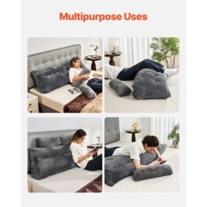 headboard pillow, queen size wedge headboard pillow with 2 side pockets and 2 headrests, bed wedge pillow with washable flannel cloth, for reading, gaming, resting, working in bed, grey