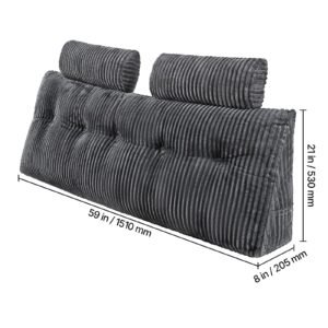 headboard pillow, queen size wedge headboard pillow with 2 side pockets and 2 headrests, bed wedge pillow with washable flannel cloth, for reading, gaming, resting, working in bed, grey