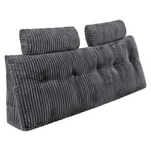 Headboard Pillow, Queen Size Wedge Headboard Pillow with 2 Side Pockets and 2 Headrests, Bed Wedge Pillow with Washable Flannel Cloth, for Reading, Gaming, Resting, Working in Bed, Grey