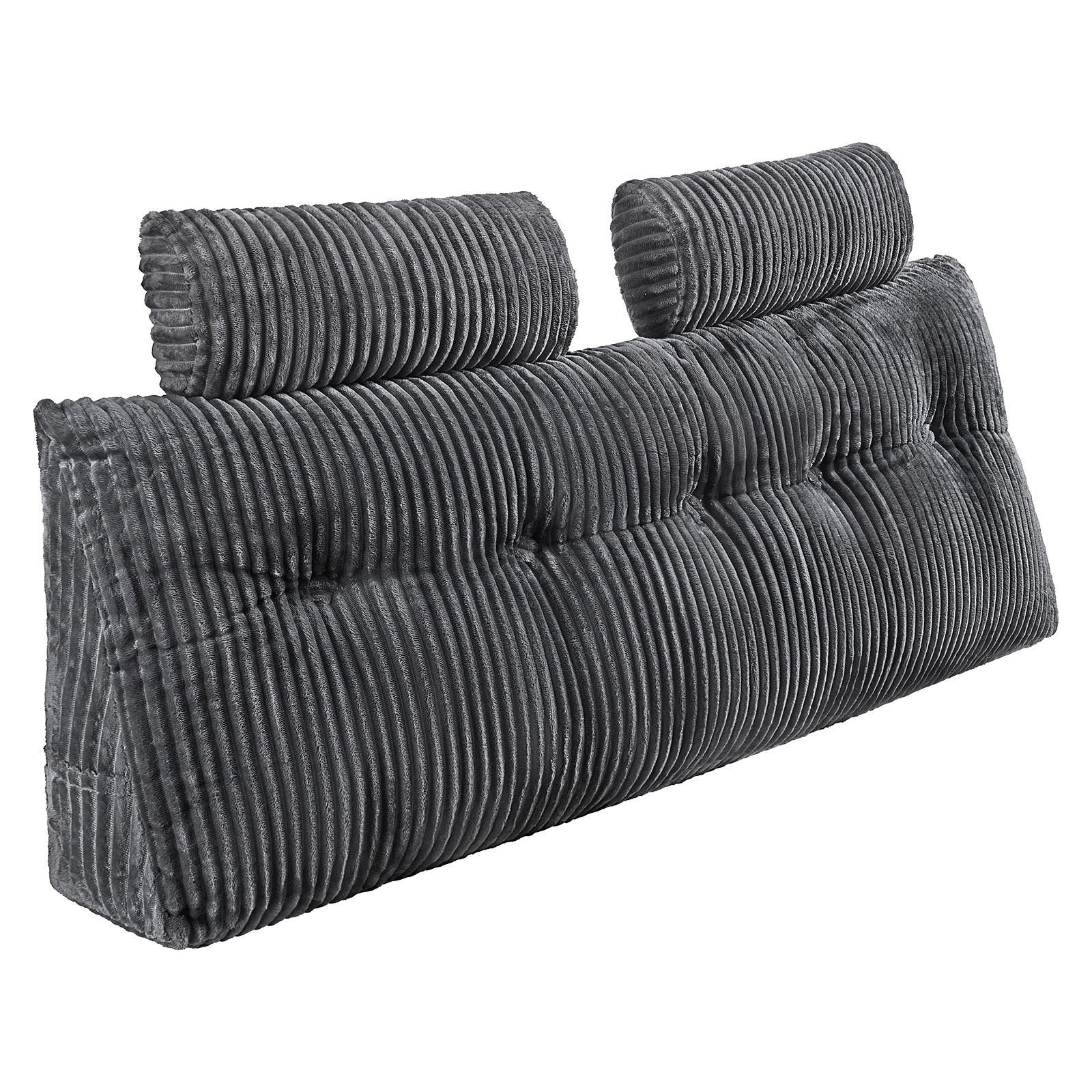 headboard pillow, queen size wedge headboard pillow with 2 side pockets and 2 headrests, bed wedge pillow with washable flannel cloth, for reading, gaming, resting, working in bed, grey