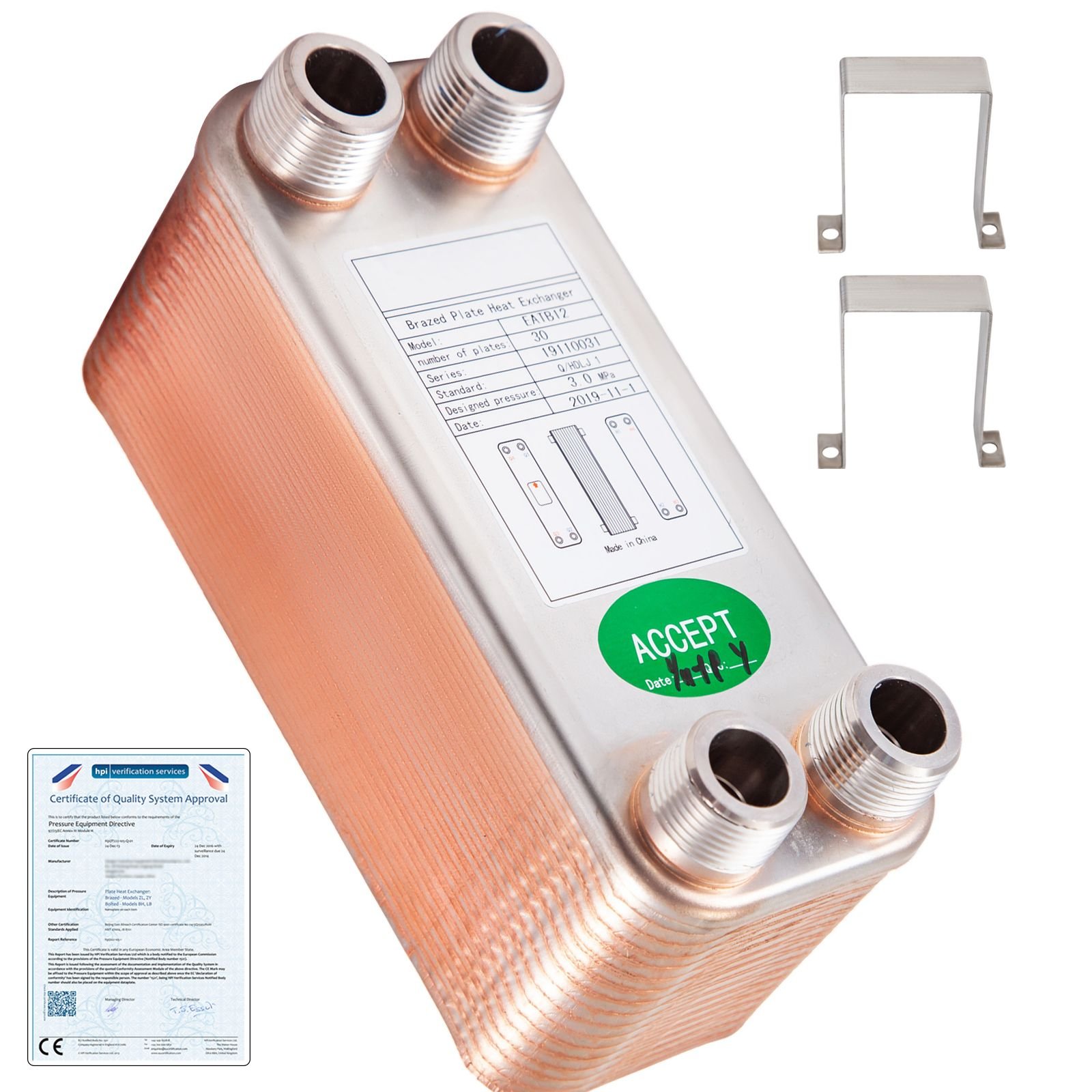 heat exchanger 3"x7.5" 30 plates brazed plate heat exchanger 316l 3/4" mpt heat exchanger b12 30 beer wort chiller for hydronic heating