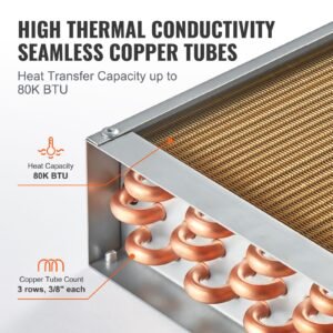 heat exchanger water to air, 16"x 16" with 3 row 3/8" copper ports, 193 aluminum fins heat exchanger for outdoor wood furnaces, residential heating and cooling, and forced air heating