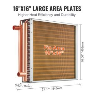 heat exchanger water to air, 16"x 16" with 3 row 3/8" copper ports, 193 aluminum fins heat exchanger for outdoor wood furnaces, residential heating and cooling, and forced air heating