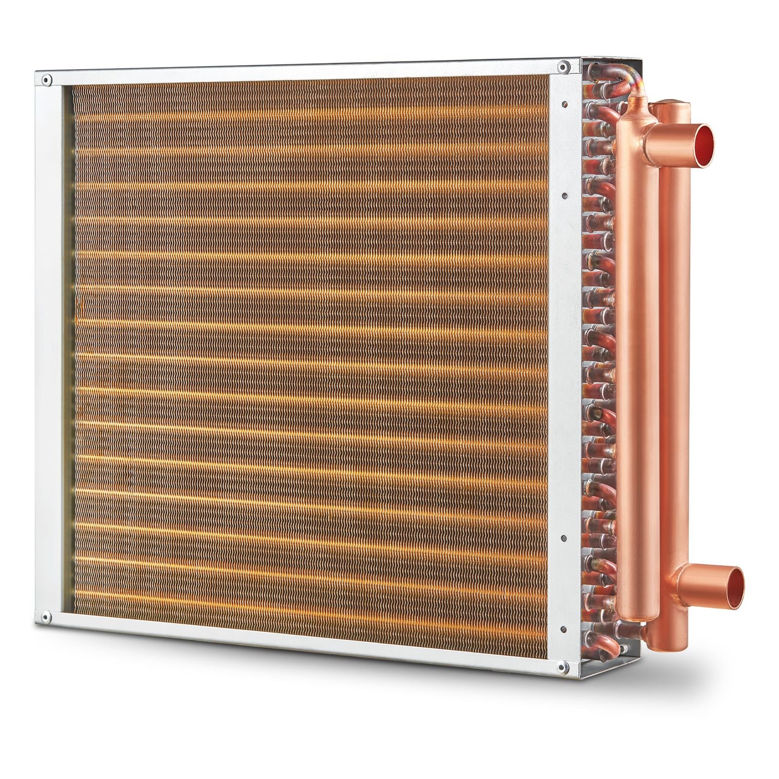heat exchanger water to air, 16"x 16" with 3 row 3/8" copper ports, 193 aluminum fins heat exchanger for outdoor wood furnaces, residential heating and cooling, and forced air heating