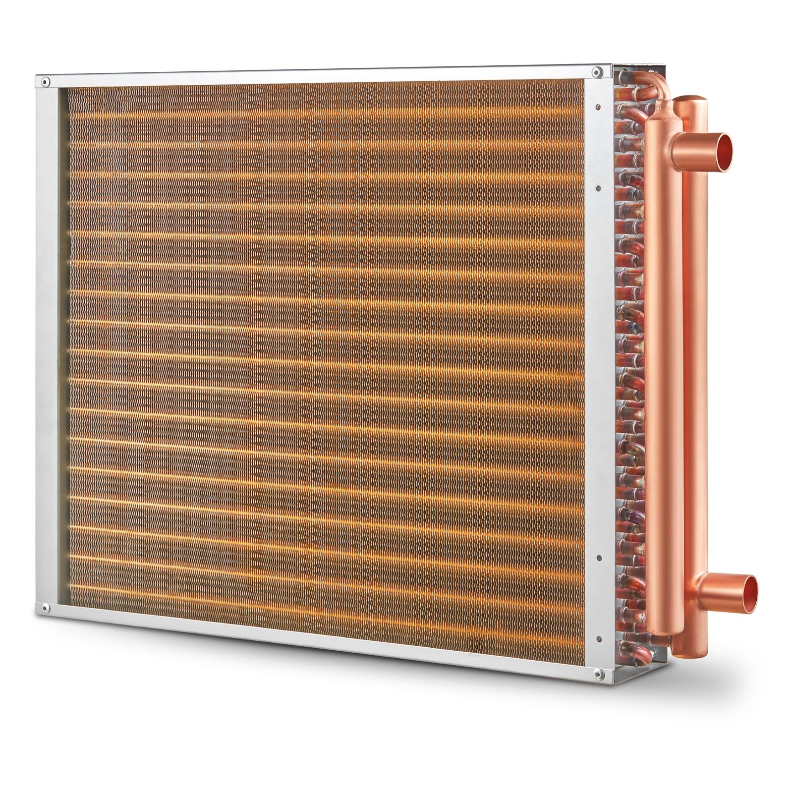 heat exchanger water to air, 18"x 20" with 3 row 3/8" copper ports, 242 aluminum fins heat exchanger for outdoor wood furnaces, residential heating and cooling, and forced air heating