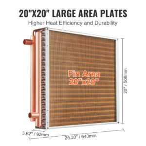 heat exchanger water to air, 20"x 20" with 3 row 3/8" copper ports, 242 aluminum fins heat exchanger for outdoor wood furnaces, residential heating and cooling, and forced air heating