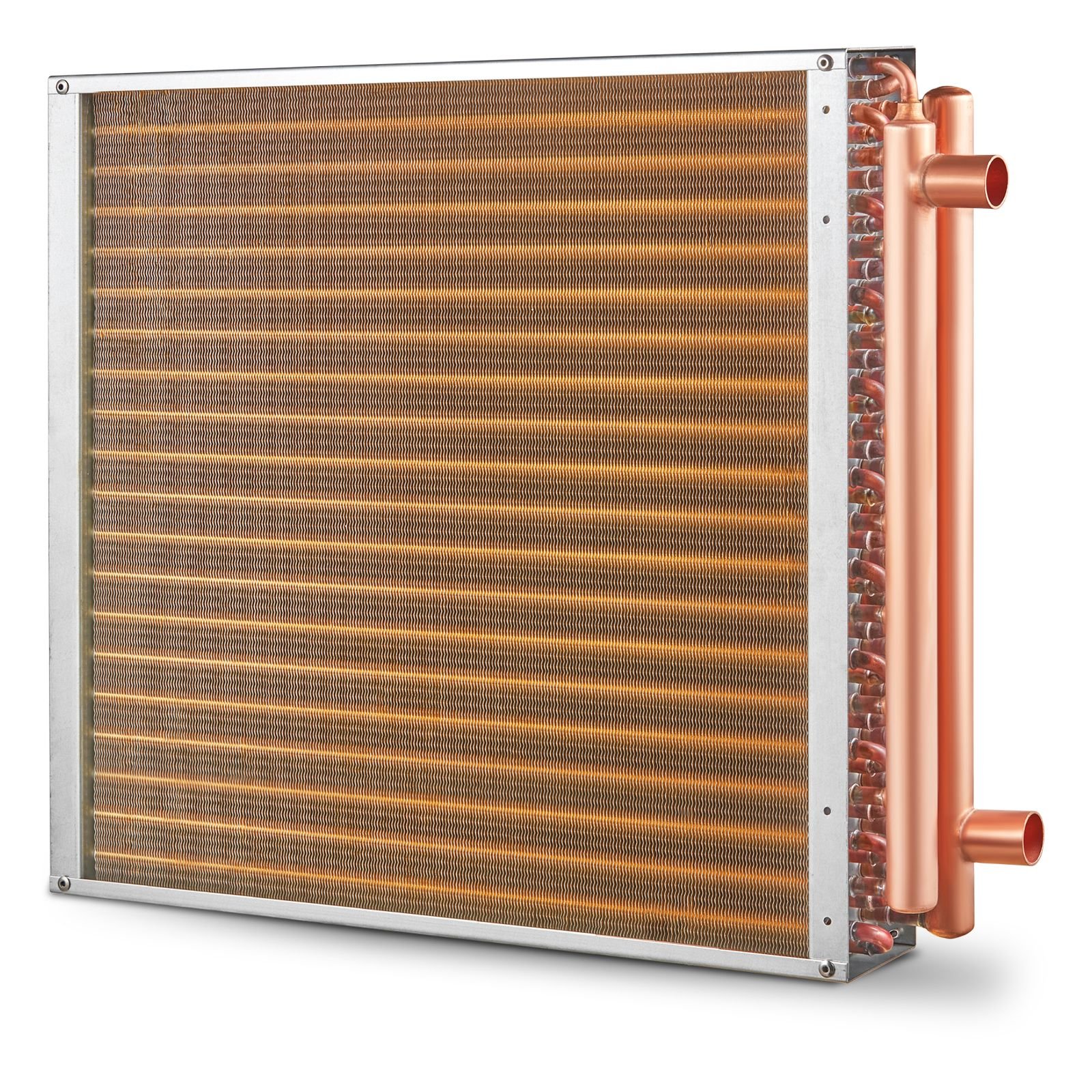 heat exchanger water to air, 20"x 20" with 3 row 3/8" copper ports, 242 aluminum fins heat exchanger for outdoor wood furnaces, residential heating and cooling, and forced air heating