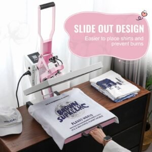 heat press, 15 x 15 inch digital heat press machine, slide out heat transfer machine, fast and even heating, 2 layer insulation cotton, heat transfer machine for t shirts/pillows/bags, pink